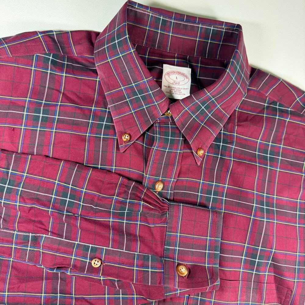 Brooks Brothers 346 Shirt Mens Large Red Tartan Plaid Non Iron Cotton Preppy